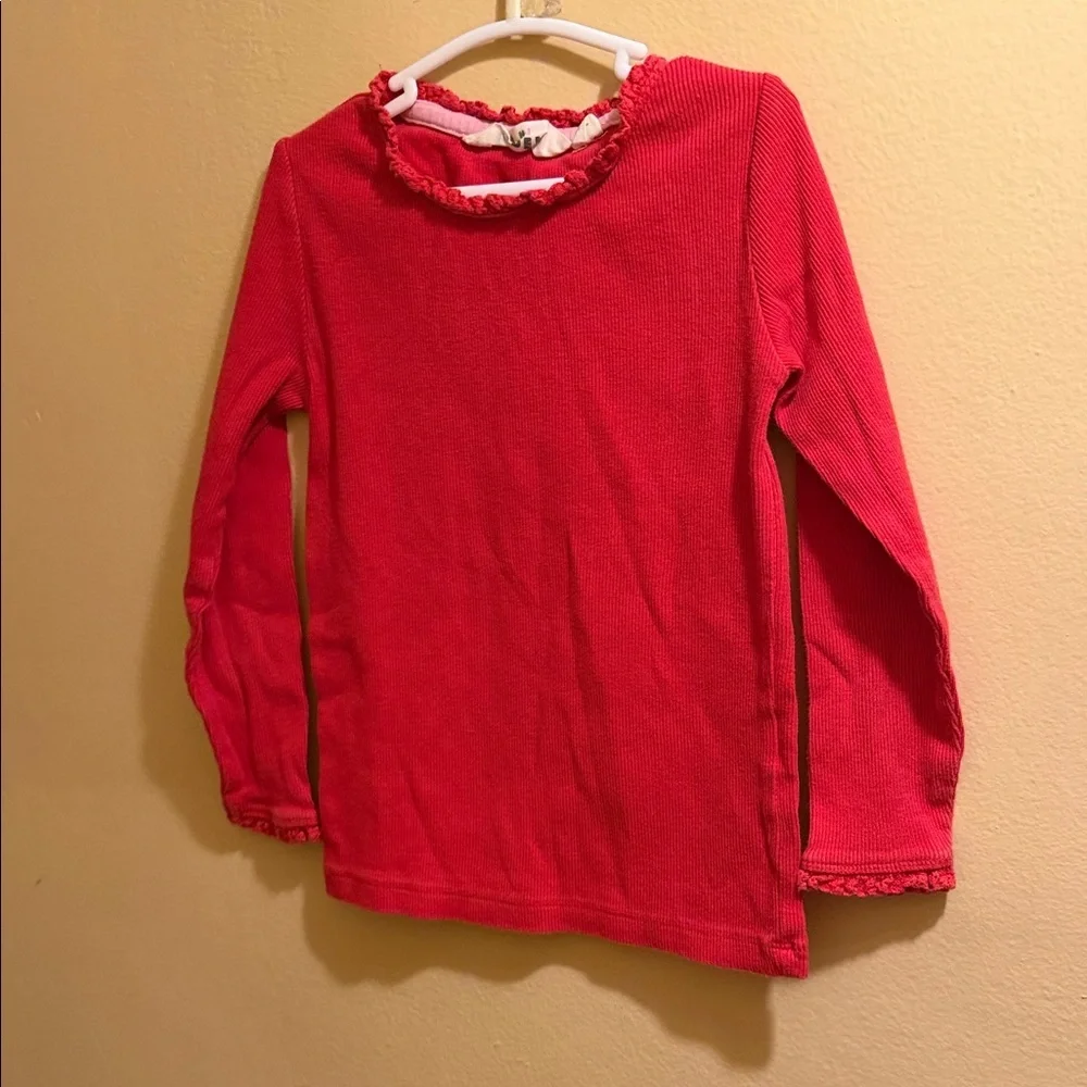 Mini Boden Bright Red Long Sleeve Ruffle Neck Tee